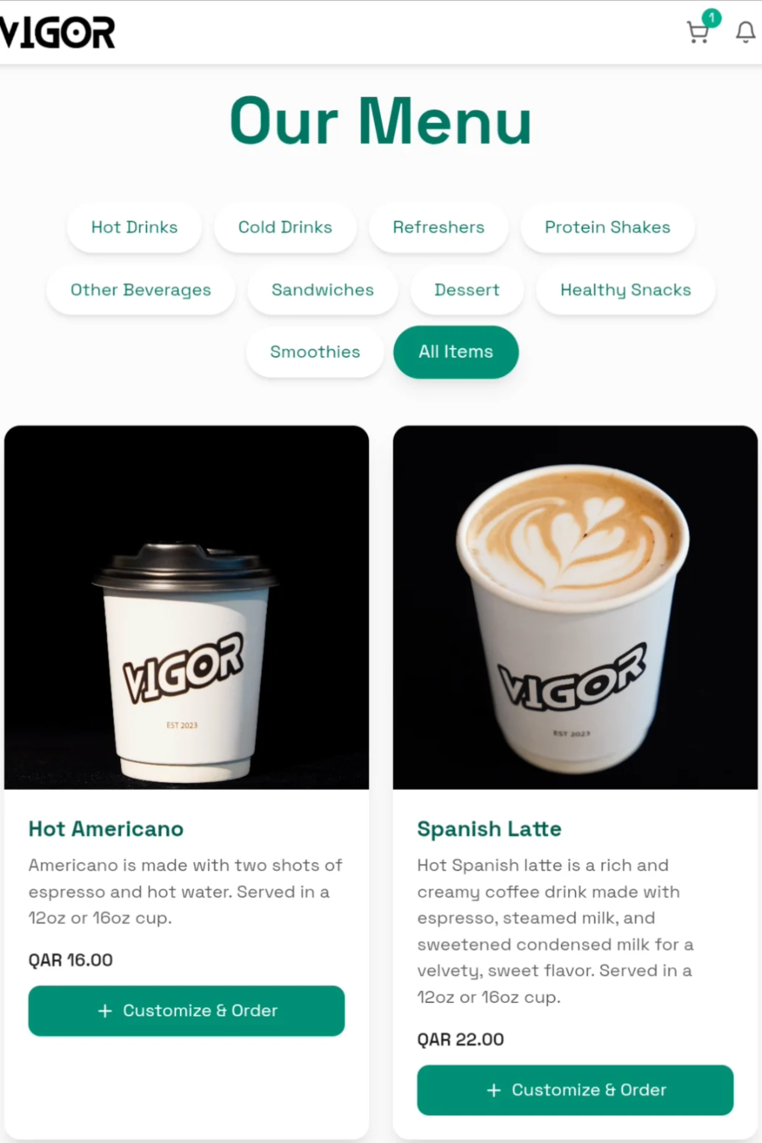 Ordering app menu screen